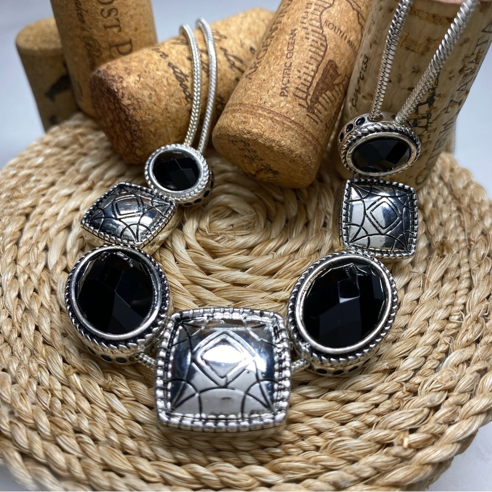 Silver Tone and Black Stone Double Slide Necklace